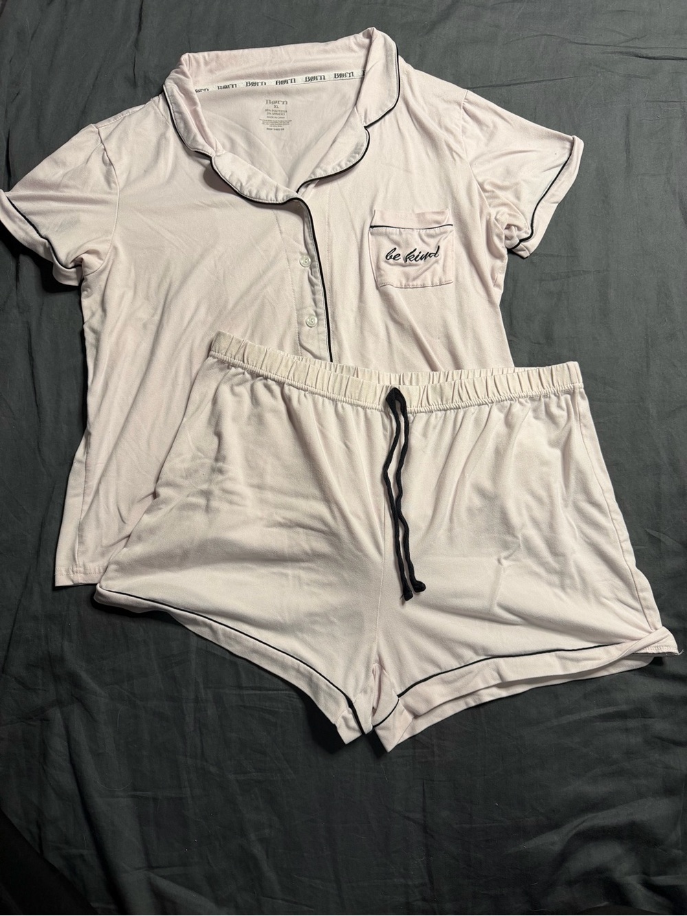 Born Light Pink Short Pajama Set with Black Trim and 'be kind' Pocket